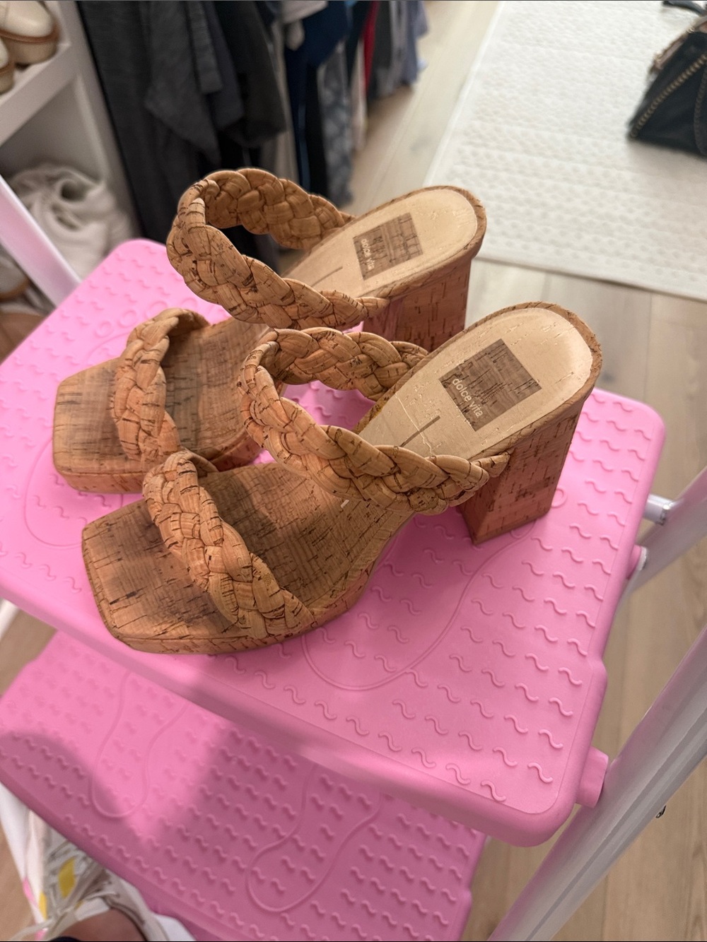 Dolce Vita Braided Cork Block Heel Sandals - Tan
